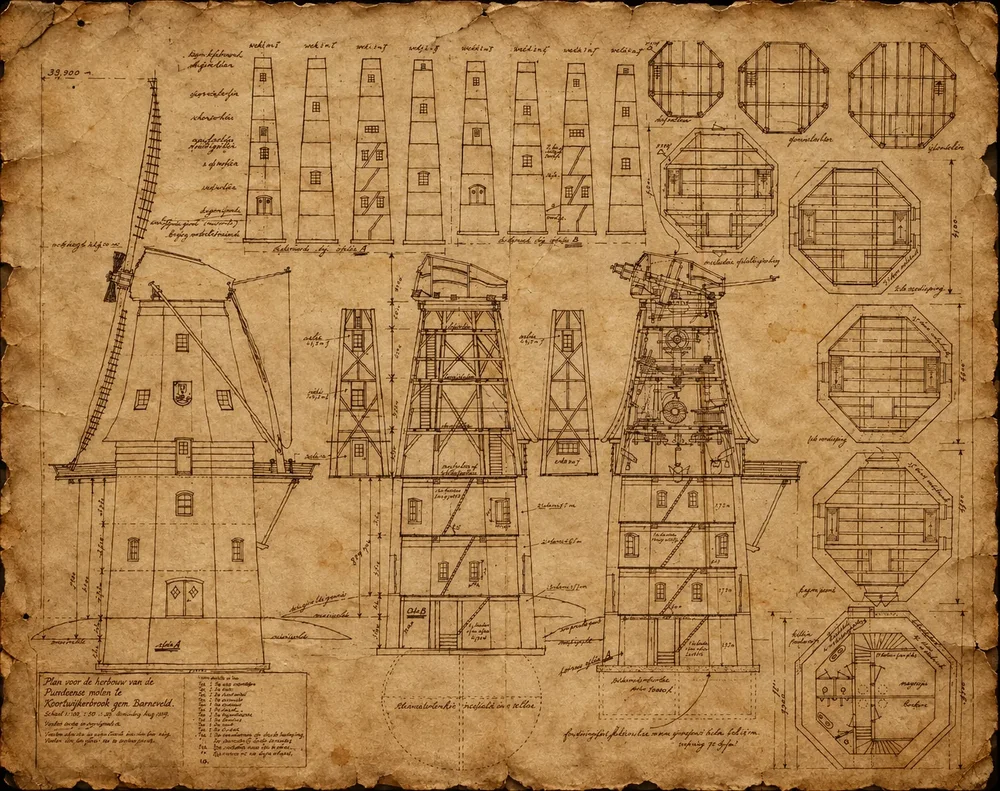 Vergilbter Bauplan einer historischen Mühle